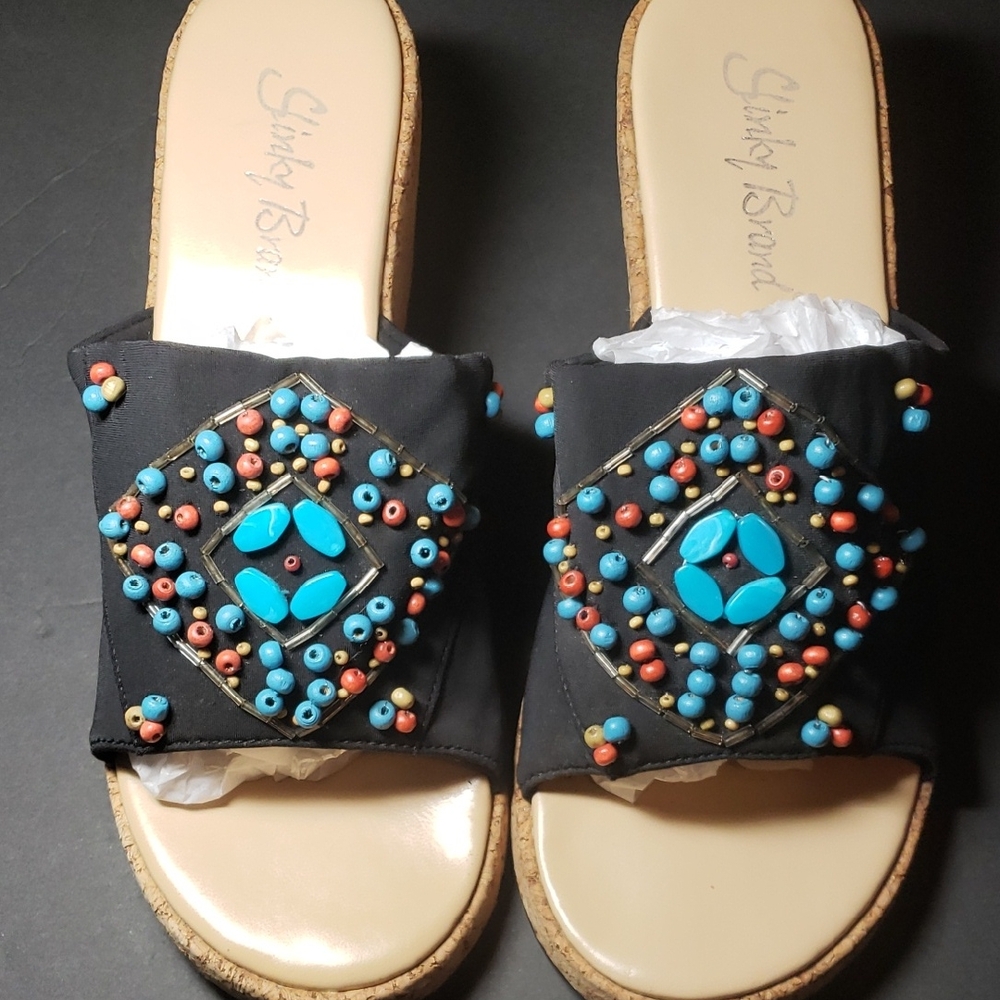 Slinky Brand Black Sandals with Turquoise and Coral Beads Size 8 1/2